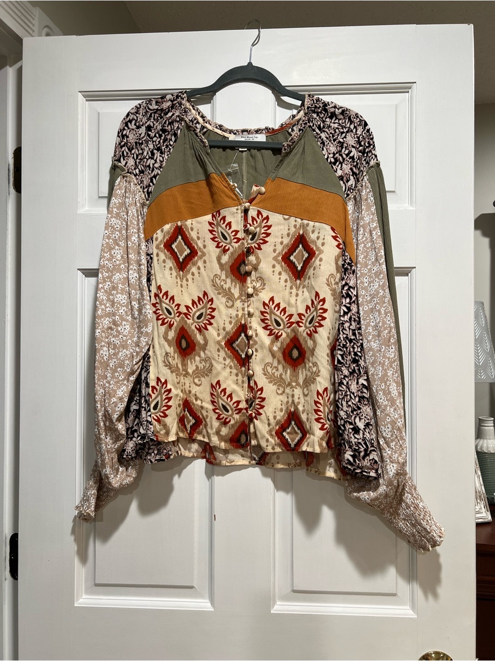 Oli & Hali Mixed-Print Button Front Blouse in Cream, Olive & Rust